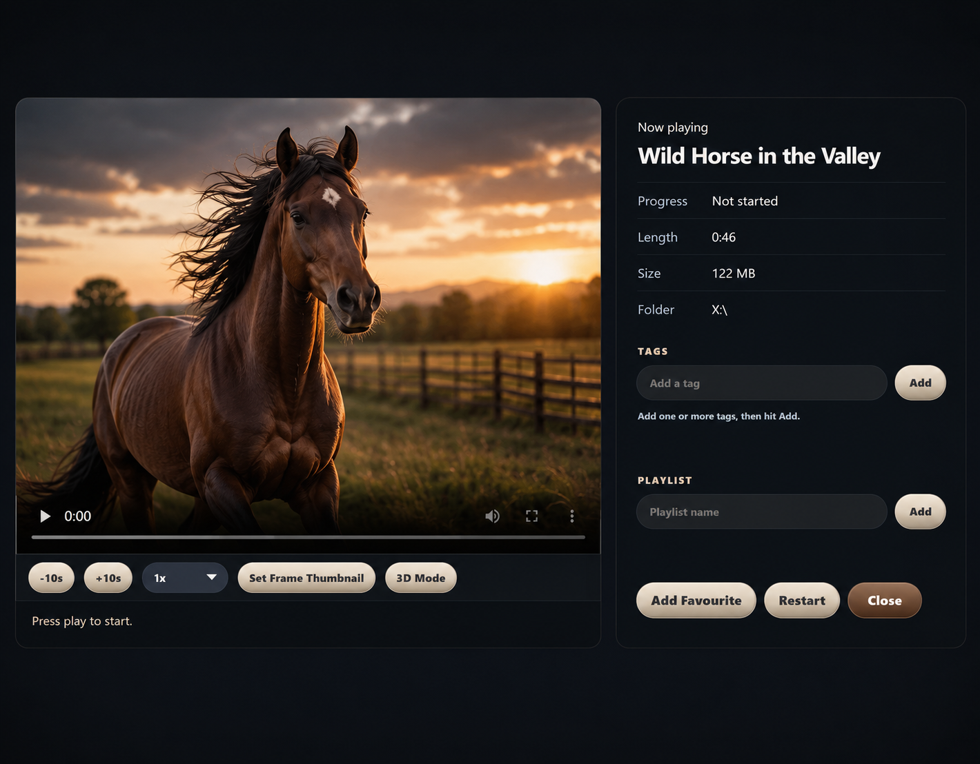 LocalStream player view showing a horse video at sunset with playback controls, tags, playlists, favourites, and now playing details beside the video.